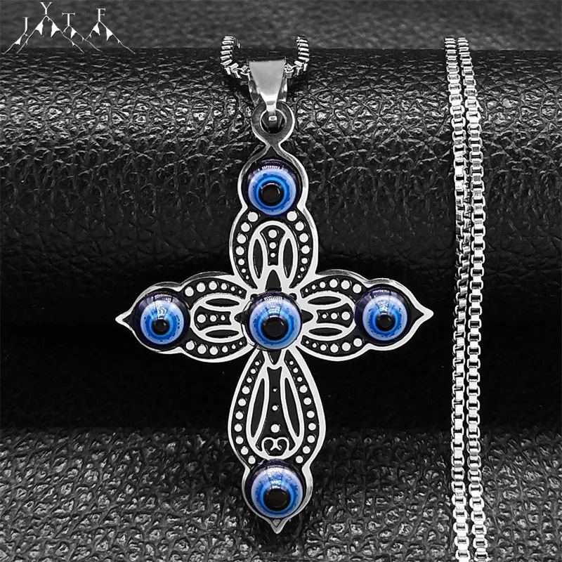 

Vintage Detail Cross Evil Blue Eye Pendant Necklace for Women Men Stainless Steel Turkey Eye Choker Necklaces Jewelry Gifts Gift