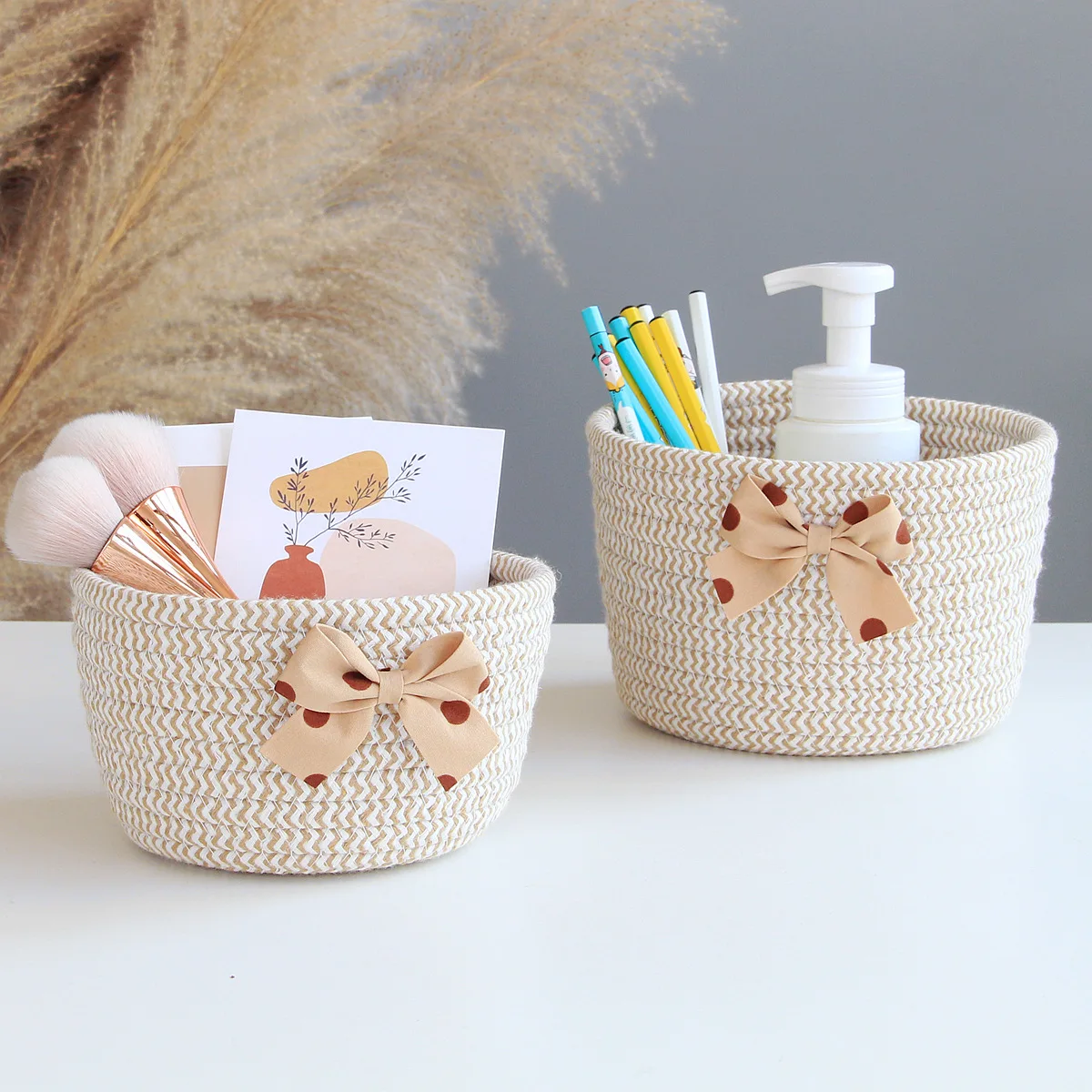 

Simple Hand-woven Cotton Rope Storage Basket Nordic Desktop Cotton Thread Cute Bow Storage Box Cosmetic Storage Basket