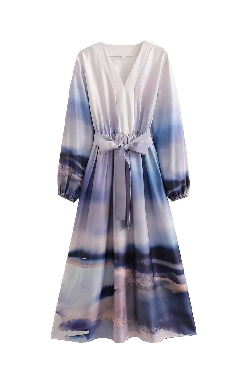 VANOVICH Autumn New Women's European and American V-neck Long-sleeved Lace-up Dress Temperament Waist Slim Gradient Long Dress 5 VANOVICH Autumn New Women's European and American V-neck Long-sleeved Lace-up Dress Temperament Waist Slim Gradient Long Dress 5