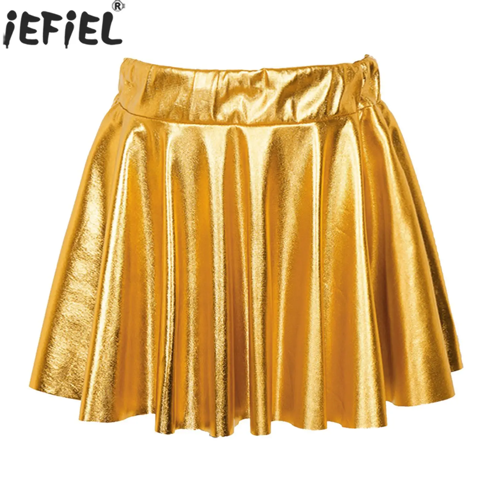 

Girls Shiny Metallic Pleated Skirt Skating Hip Hop Jazz Dance Performance Costume Elastic Waistband Dance Athletic Scooter Skirt