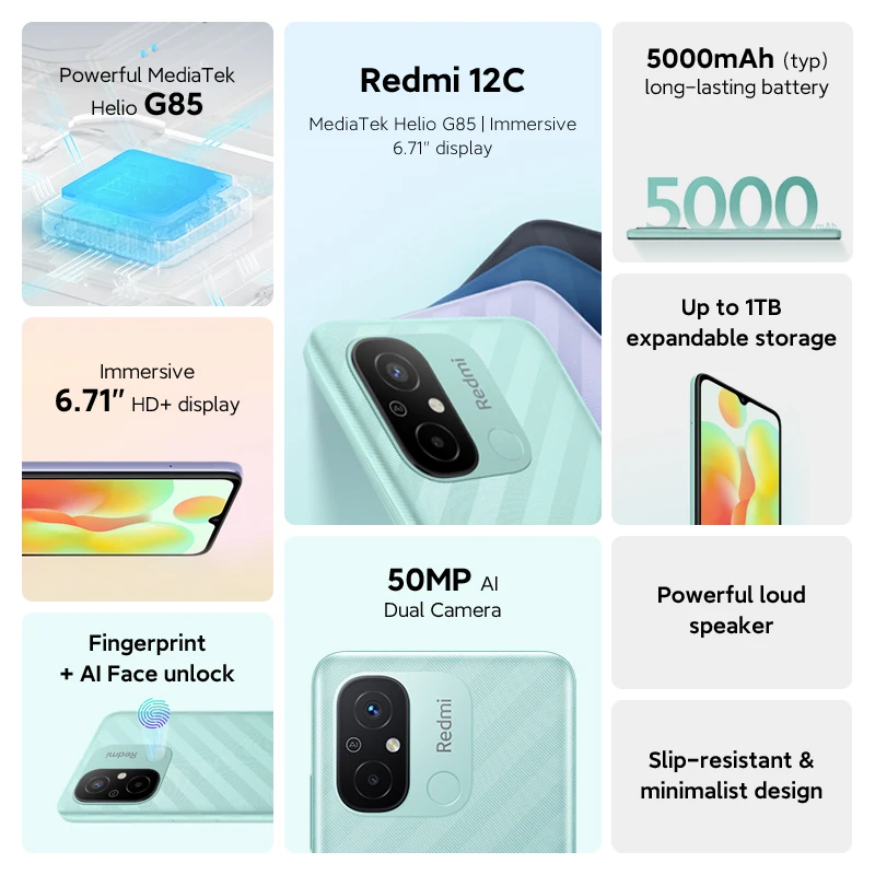 Смартфон Xiaomi Redmi 12C 12 C 50 МП AI камера MTK Helio G85 дисплей 6 71 дюйма аккумулятор 5000 мАч -
