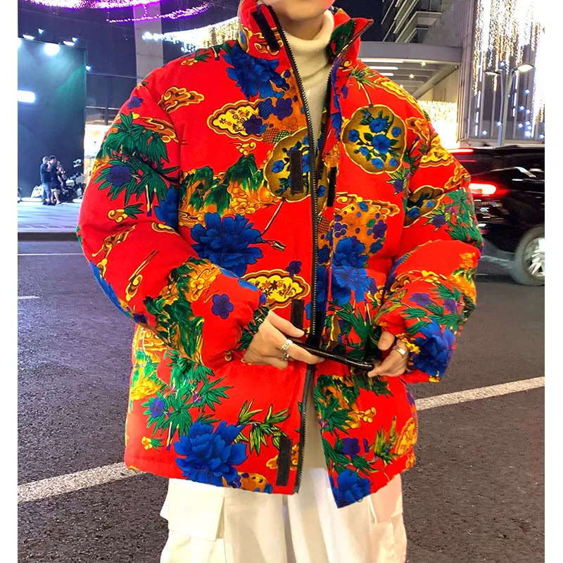 Winter Jacket Men Warm Fashion Casual Thickening Flower Coat Men Streetwear Loose Printing Short Coat Mens Parker Clothes M-5XL