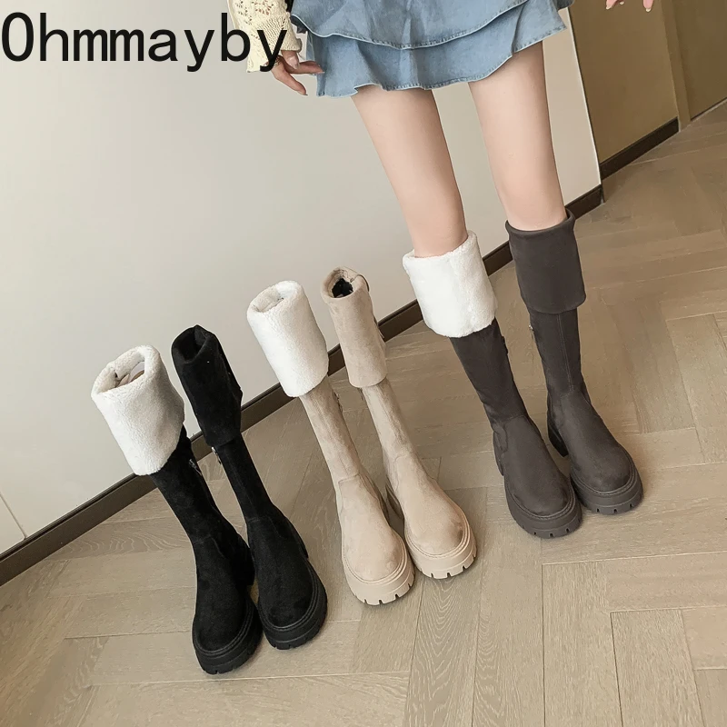 

Cotton-added Women Over the Knee High Boots Fashion Belt Buckle Ladies Elegant Thick Heel Long Booties Warm Women's Footwear