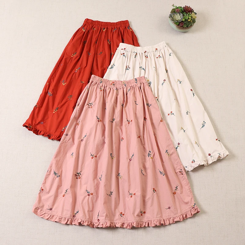 

Japanese Style Mori Girl Cotton Embroidery Elastic Waist Skirt Loose Lace Hem A-line Women Skirts