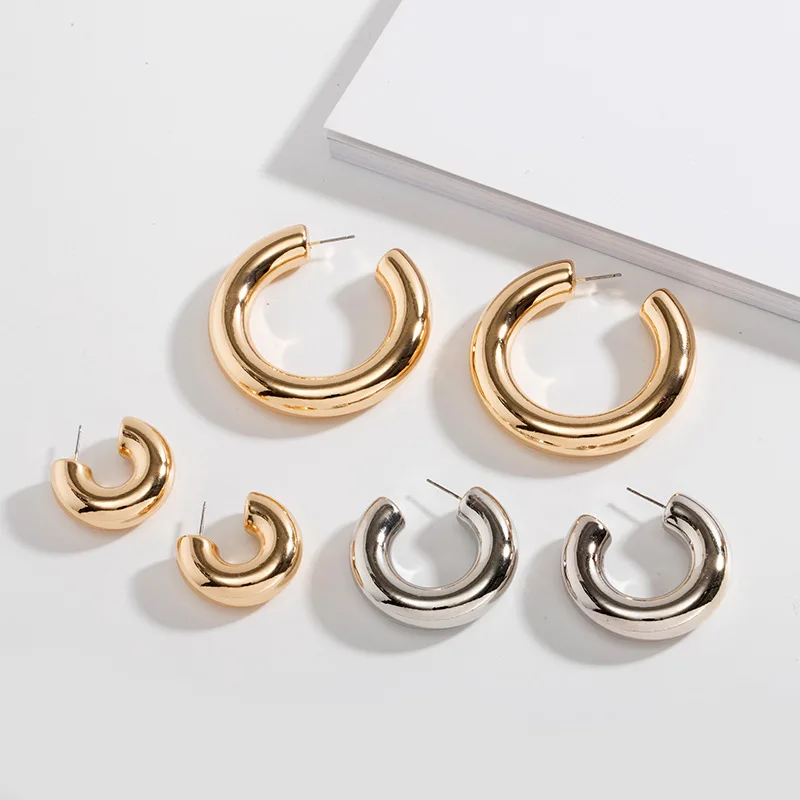 

New Fashion Geometric Simple Minimalism Round Gold Color Silver Color Thick Metal Hoop Earrings for Women Ins Punk Jewelry