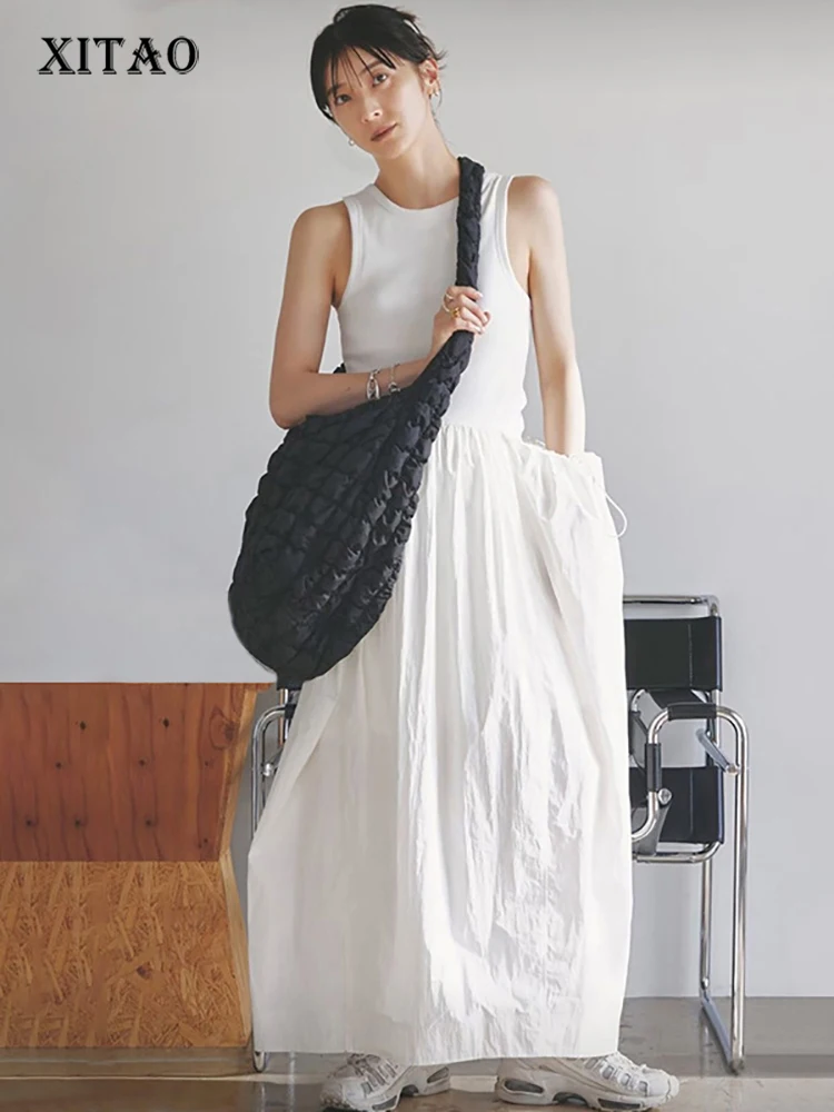 

XITAO Solid Color Patchwork Loose Shirring Dress Pullover O-neck Sleeveless Ankle-length 2023 Summer New Arrival Casual DMJ2026