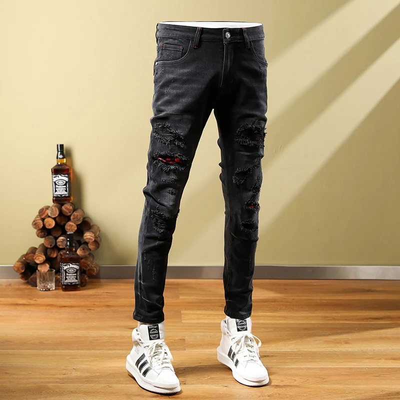 Street Fashion Men Jeans Retro Black Gray Elastic Stretch Skinny Ripped Jeans Men Red Plaid Patched Designer Hip Hop Pants Homme