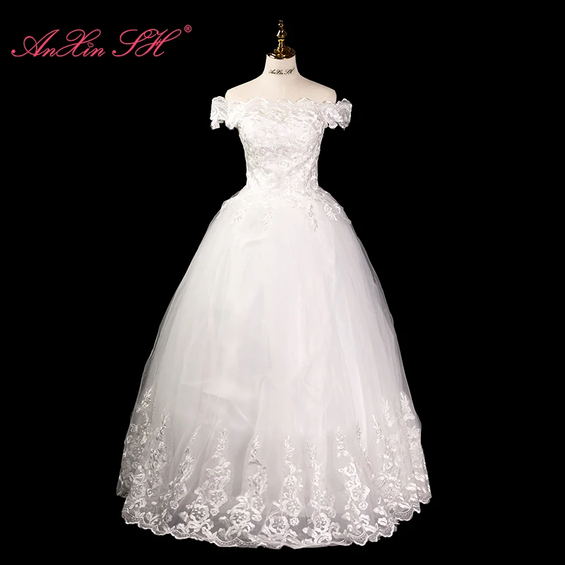

Женское свадебное платье с оборками AnXin SH, белое кружевное винтажное платье принцессы в стиле ретро, с вырезом лодочкой и французским цветочным кружевом, простое платье невесты