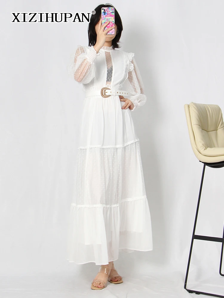 

XIZIHUPAN Elegant White Loose Dress For Women Stand Collar Long Sleeve High Waist Patchwork Sheer Mesh Midi Dresses Female Style