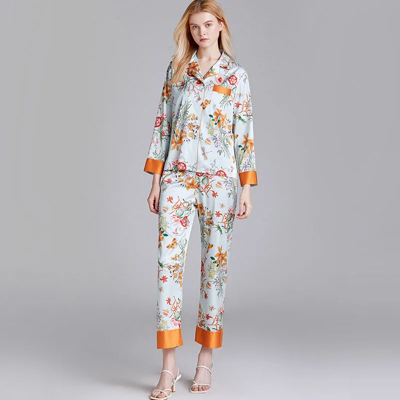 Women 2 Pieces Satin Silk Sleepwear Long Sleeve Button Shirt and Pants Floral Printed Pajamas Set