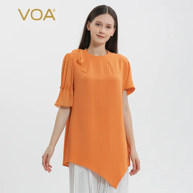 

VOA 46 Momme Heavyweight Mulberry Silk Orange Yellow O-neck Woman Tshirts Asymmetric Design Short Sleeve Loose T-Shirt BE1108