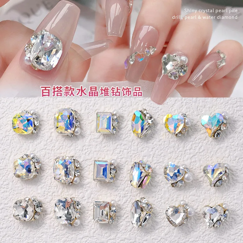 

10pcs Clear/ Aurora Glitter Nail Rhinestones Crystal Nail Gems Square Heart Diamond Stones Shinny Nail Charms DIY Manicure Sup*&