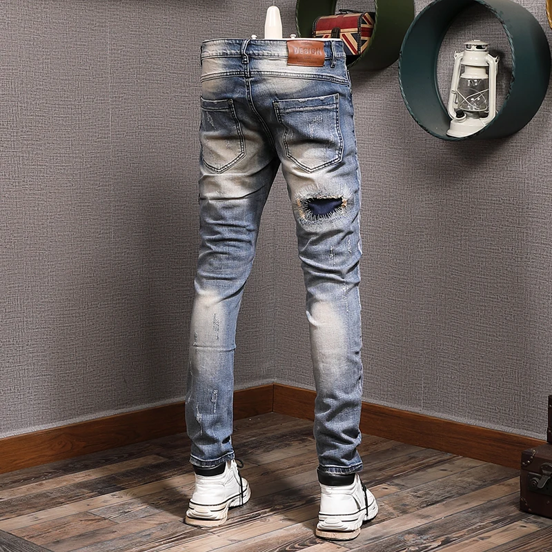 Streetwear Fashion Men Jeans Retro Blue Stretch Slim Fit Vintage Ripped Jeans Men Leopard Patch Designer Hip Hop Pants Hombre
