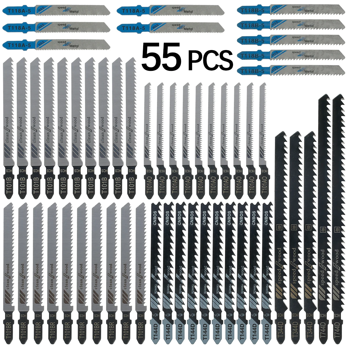 New 55Pcs Jig Saw Blades Set HCS Assorted Saw Blades with T-