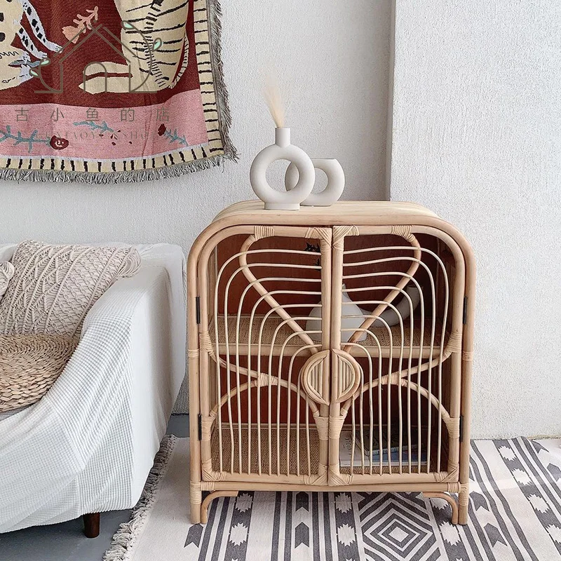 

zq INS Rattan Cabinet Bedroom Installation-Free Floor Bookcase Mini Baby Clothes Storage Cabinet Windows and Cabinets