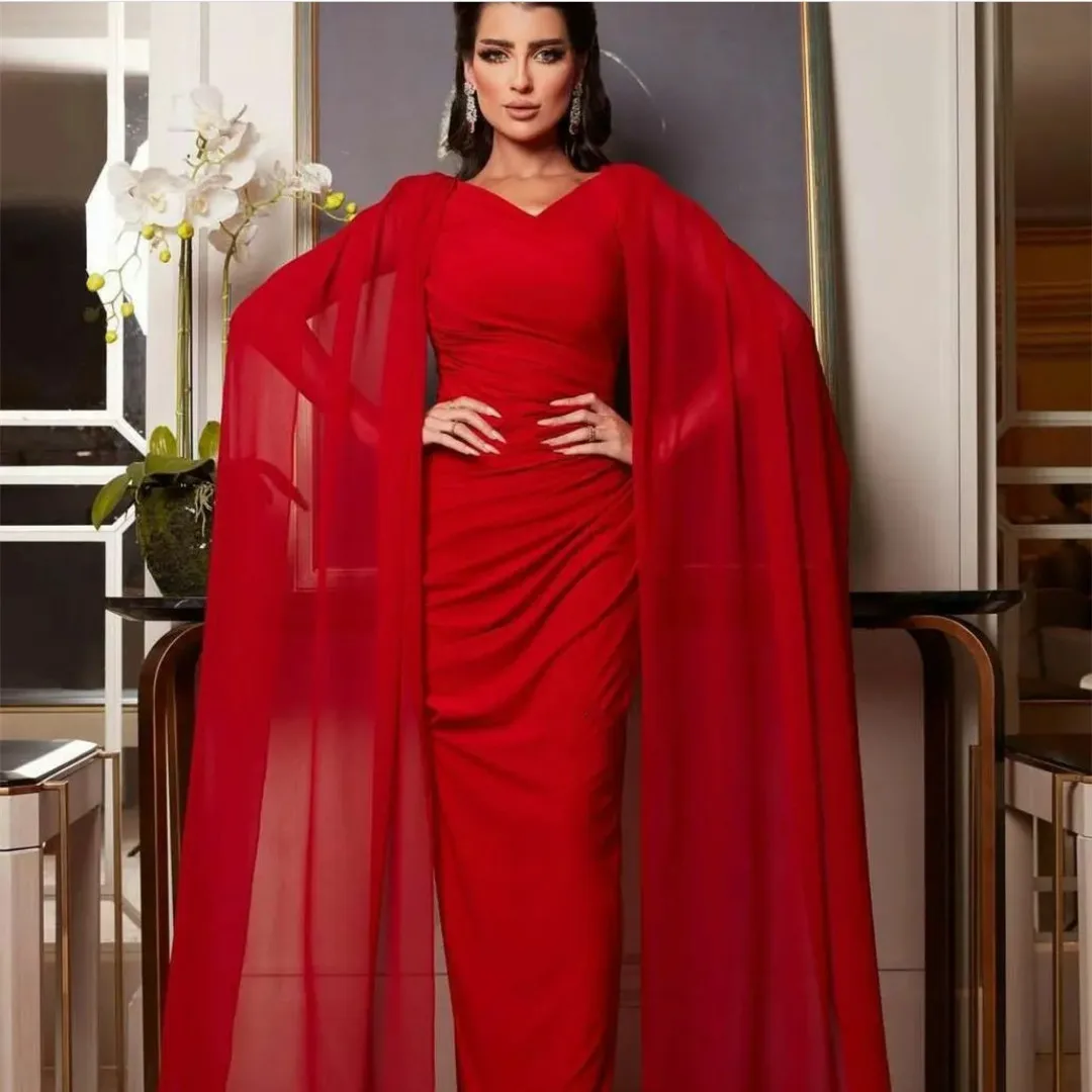 

Elegant Long Red V-Neck Evening Dresses Cape Sheath Chiffon Muslim Floor Length Pleated Robe De Mariée Party Prom Gowns Women