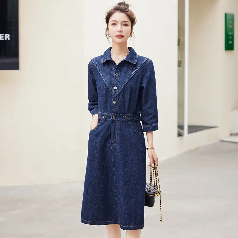 

Женское длинное джинсовое платье, повседневное удобное однотонное синее платье свободного покроя, весна-осень 2023