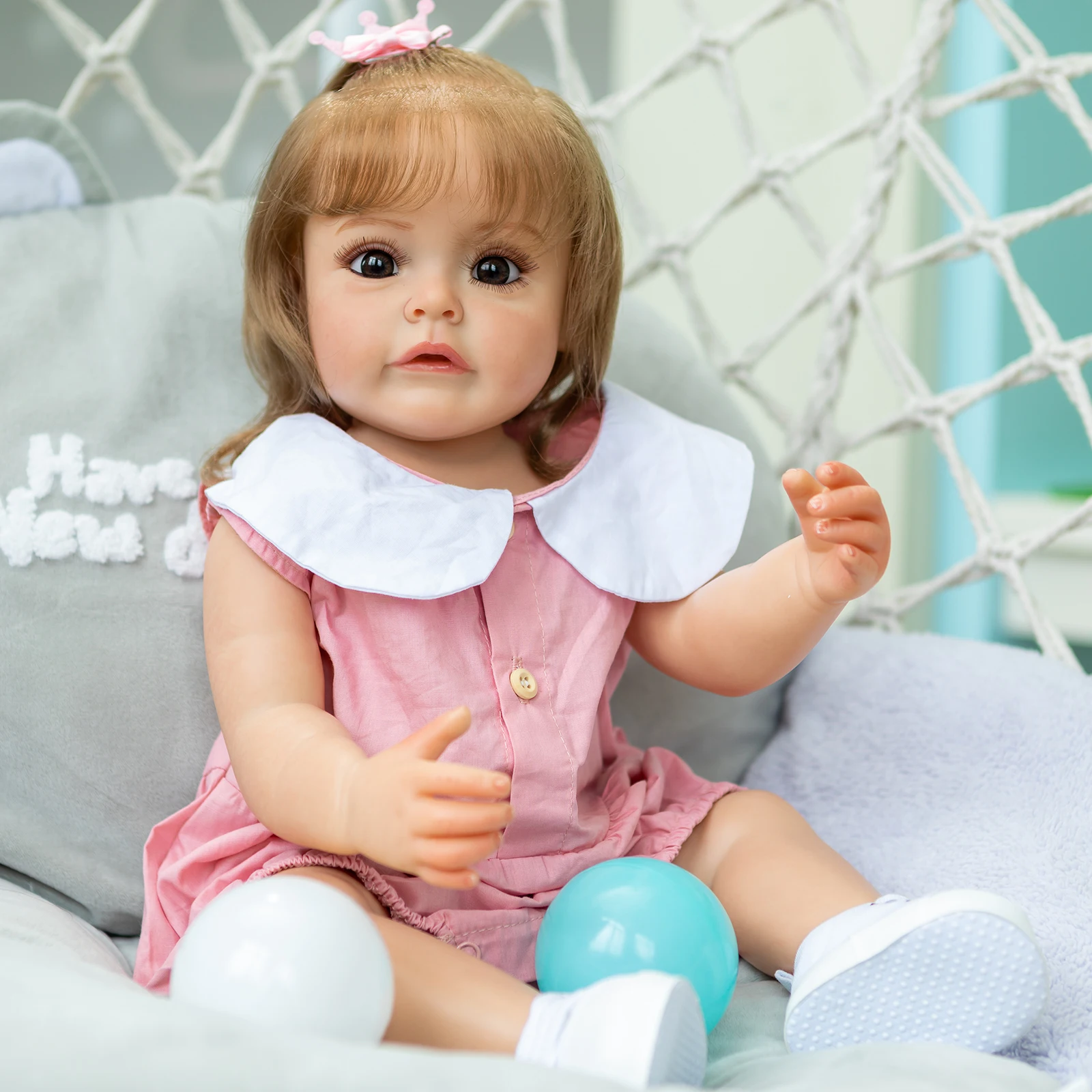 

55CM FUll body Silicone Reborn Toddler Girl Princess Sue-Sue Hand-detailed Paniting Rooted Hair waterproof Toy for Girls