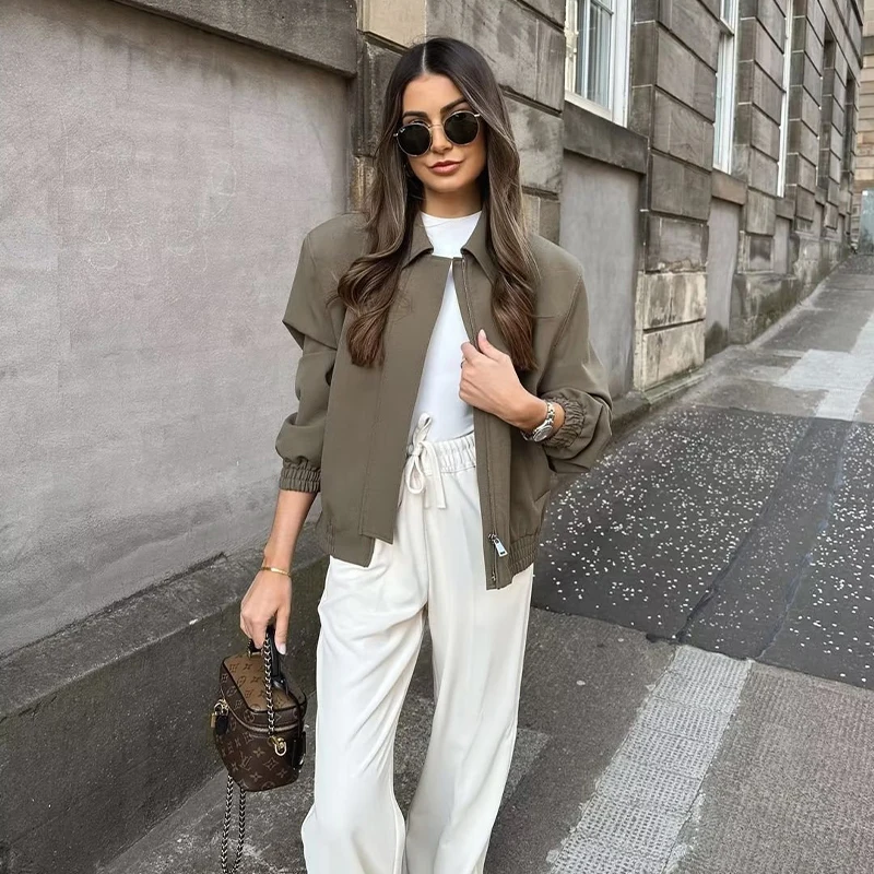 

Куртка-бомбер армейского зеленого цвета, Женская шикарная Повседневная куртка с длинным рукавом, уличная мода, пальто, Женский Топ, новинка ...