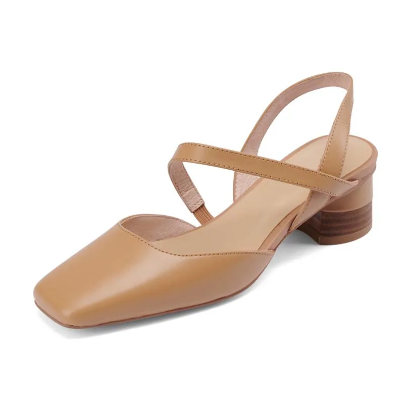 

Cross Strap Genuine Leather Sandals Summer Women Sexy Lady Closed Toe Round Heels Fashion Woman Beige Apricot Square Toe Sandal