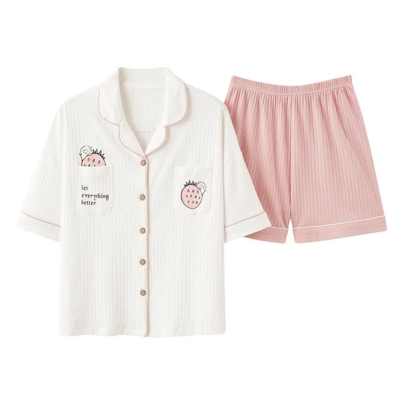 2022 Thin Pajamas Women's Home Clothes Cotton Lapel V-neck Short-sleeved Shorts Cartoon Homewear Cute Lovely 2pcs Pijama Mujer