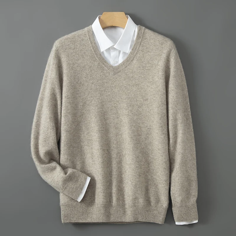Мужской повседневный свитер вязаный джемпер из 35% кашемира с v-образным вырезом