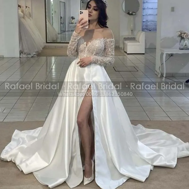 

ТРАПЕЦИЕВИДНОЕ свадебное платье с длинным рукавом, белый прозрачный кружевной топ и атласная юбка с открытыми плечами и Боковым Разрезом, с...