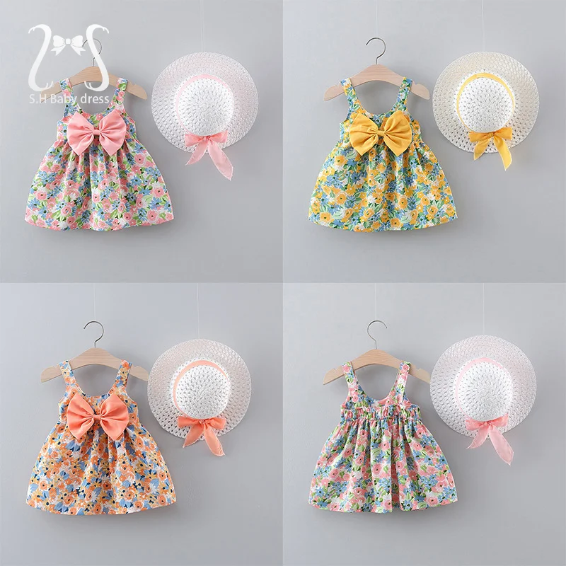 

2Pcs/Set Flowers Baby Girl Dresses Summer Fashion Toddler Girls Children Clothes Beach Dress Kid's Costume Send Hat 0 To 3 Y