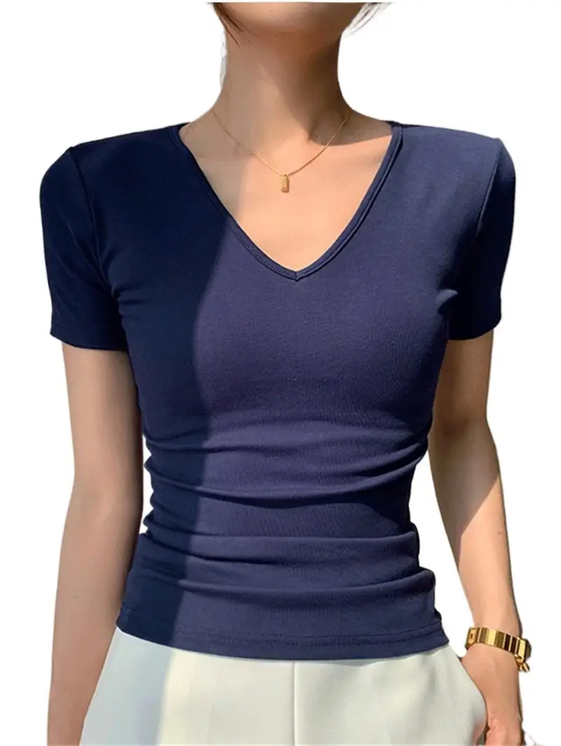 

Summer Feminine Knitted Cotton Comfortable V-Neck Tops Slim Basics Solid Casual Tight Fitting Breathable White Shirts Blouses