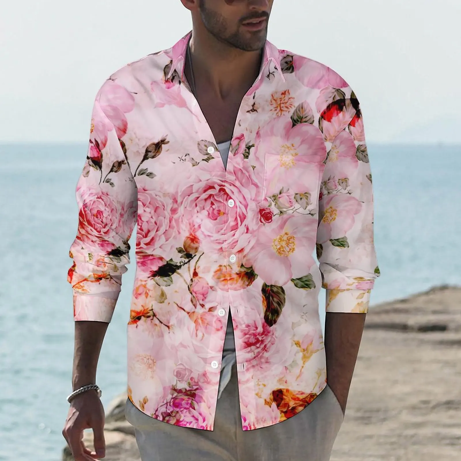 

Watercolor Rose Shirt Autumn Pink Floral Print Casual Shirts Fashion Blouses Long Sleeve Graphic Aesthetic Clothing Plus Size