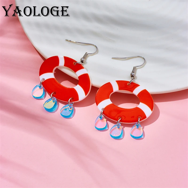 

YAOLOGE Acrylic Blue Creative Swimming Lifebuoy Drop Earrings For Women Girls New Cute Printed Waterdrop Ear Jewelry Party Gifts