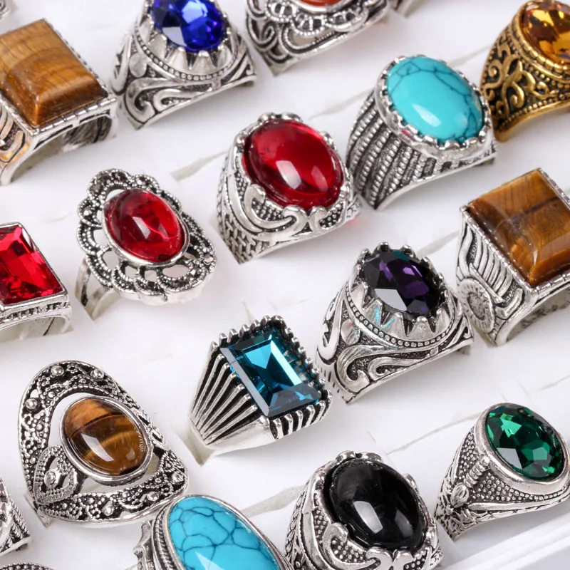 

High Quality Silver Plated Oval Vintage Stone Rings Mix Color Mix Size fashion Party Jewelry 12 pieces/lot