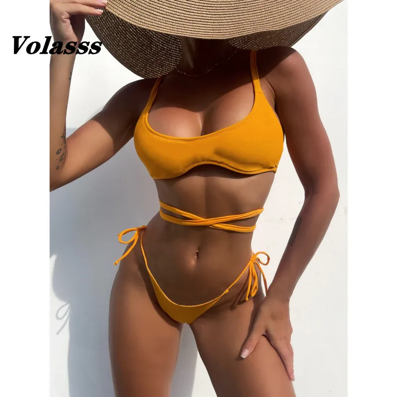 

Новинка, однотонное бикини с перекрестной шнуровкой, купальный костюм из двух предметов, женская одежда для плавания, привлекательное бики...