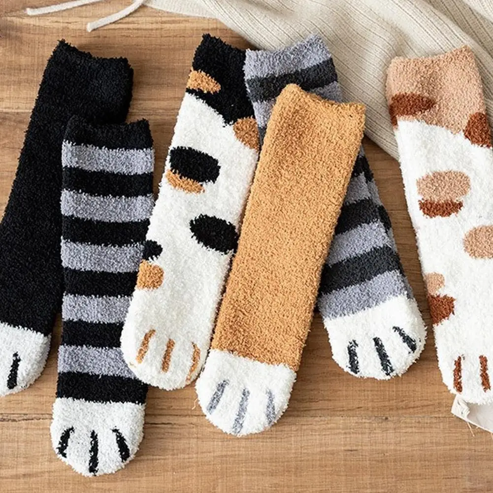 

Autumn Winter Coral Velvet Socks Cute Cat Claw Socks For Women Children Girls Middle Tube Casual Home Sleeping Fuzzy Cozy Sock