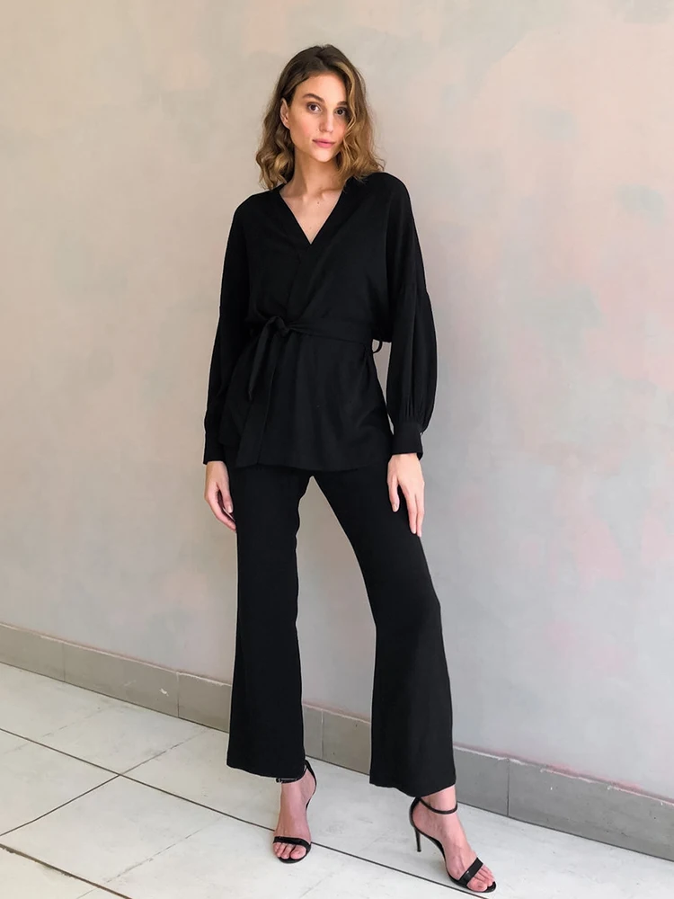 

Черная модная женская пижама Hiloc с брюками, комплекты одежды с рукавами-фонариками, зимняя одежда для сна 2022, Женская домашняя одежда