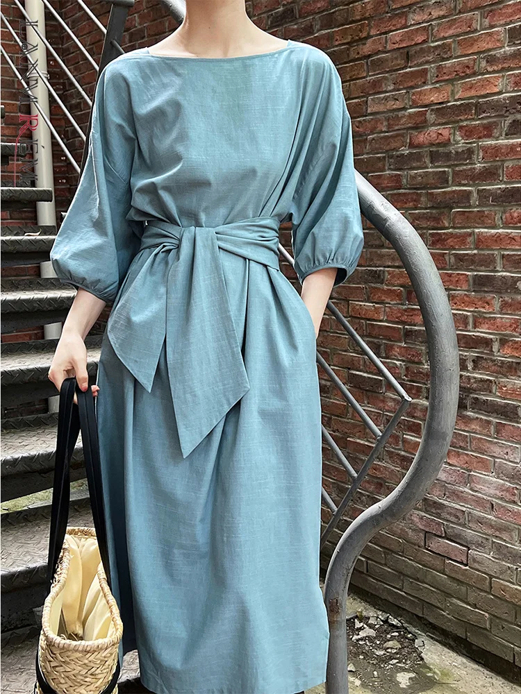 

LANMREM/платье с поясом, хлопковые повседневные Прямые платья в стиле ретро с рукавами-фонариками и квадратным вырезом, лето 2023, 2YA3871