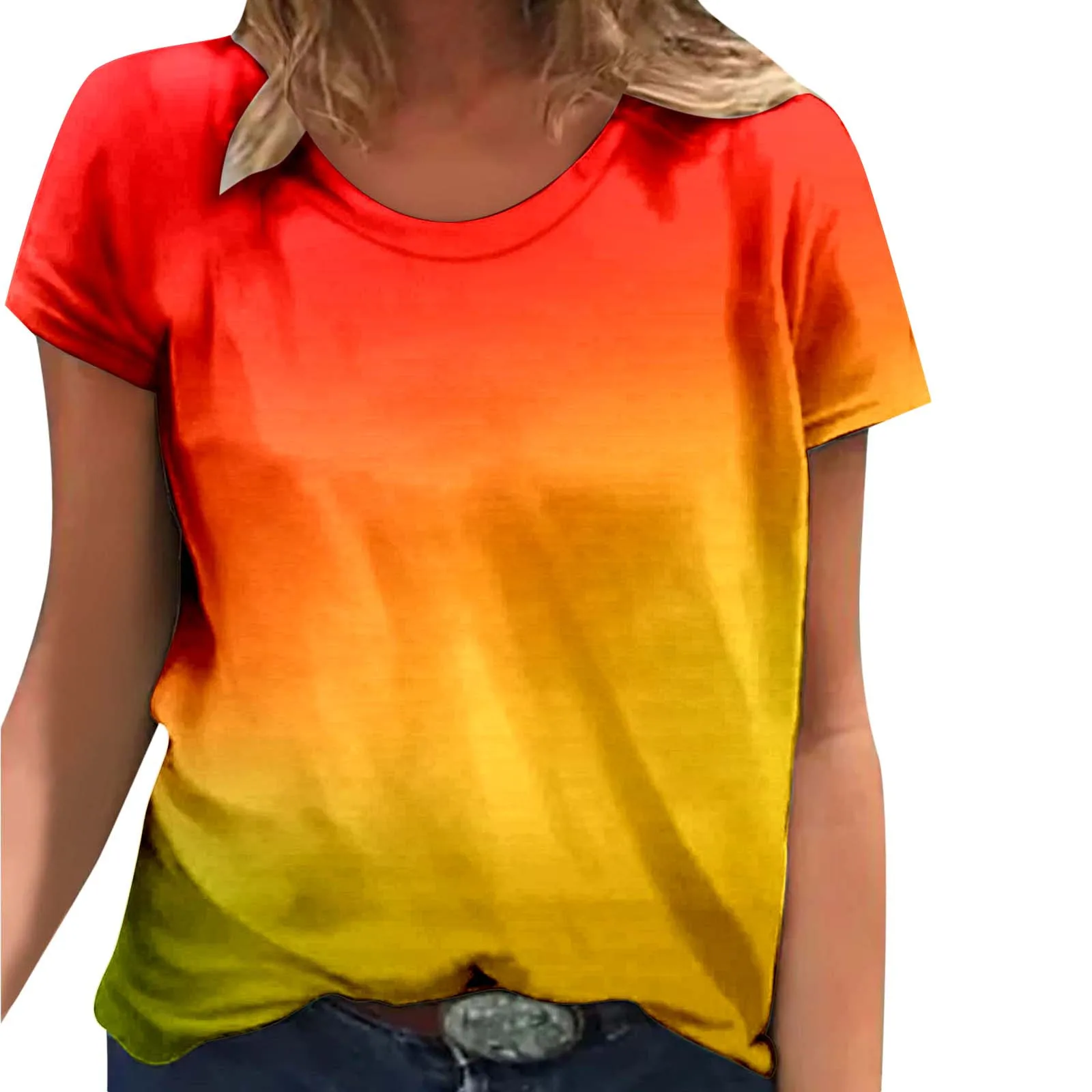 

Женская летняя повседневная футболка с круглым вырезом и градиентным принтом, топ с коротким рукавом, белая тонкая Женская туника с длинным...