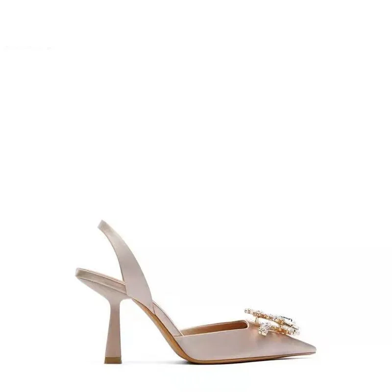 Сандалии женские на высоком каблуке туфли-лодочки с острым носком и стразами