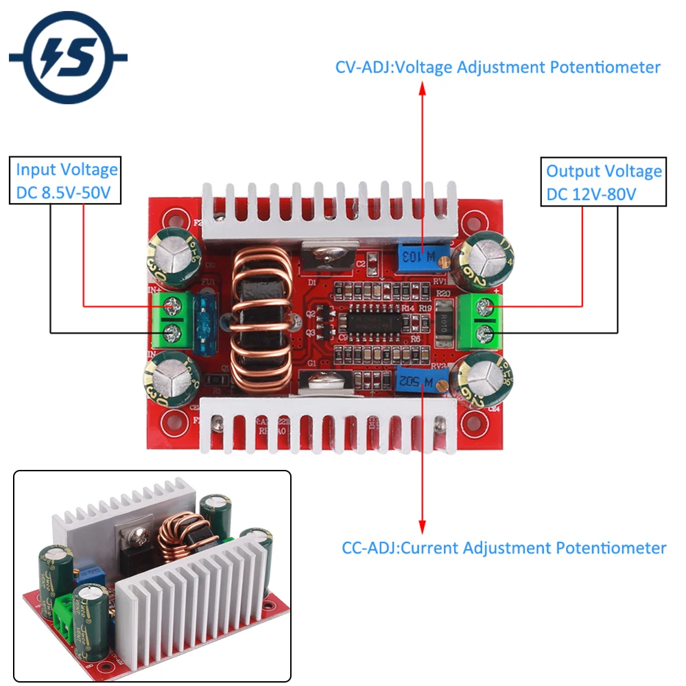 

400W 15A DC-DC Step Up Boost Converter Constant Current Voltage LED Driver Board 8.5-50V to 10-60V Battery Charger Power Supply