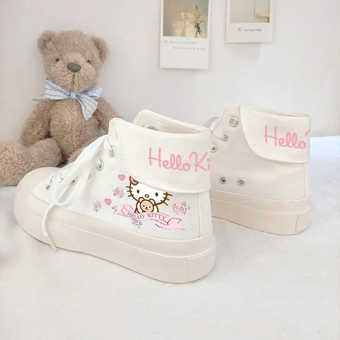 

Kawaii Sanrio, Hello Kitty Новые Мультяшные холщовые туфли для девочек милые высокие модные Универсальные студенческие скейтборды повседневная обувь