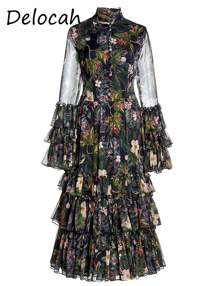 Делока французское винтажное платье с принтом юбка длинными рукавами и рюшами