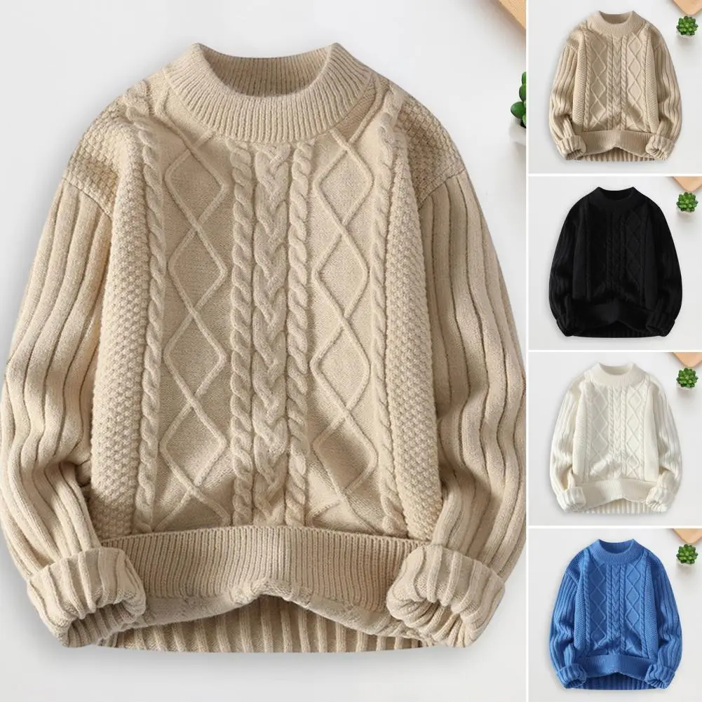 

Men Sweater Cozy Men's Winter Sweater Thick Knit Soft Round Neck Anti-pilling Resistant Stylish Solid Color with Twisted Elastic