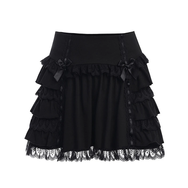 

MXMB Women Gothic High Waist Mini Pleated Skirt Harajuku Lolita Bowknot Lace Trim Splicing Tiered Ruffle Hem A-Line Clubwear