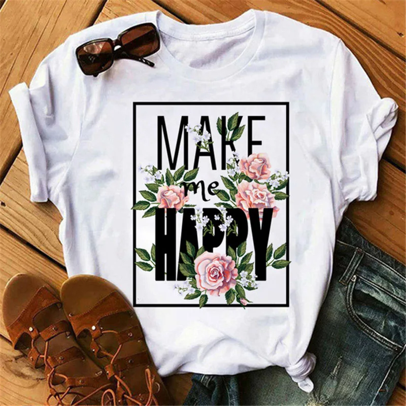 Купи Make Me Happy Flower Print Women T Shirt Short Sleeve O Neck Loose Women Tshirt Ladies Tee Shirt Tops Clothes Camisetas Mujer за 74 рублей в магазине AliExpress