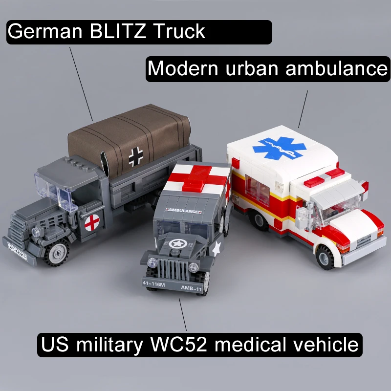 

WW2 Military German Soldier Truck Building Blocks US WC54 Medical Vehicle Modern Bricks Toys City Ambulance Mini Car Model