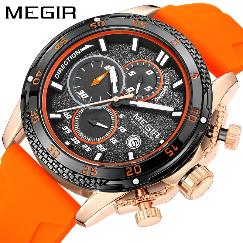 

Часы MEGIR мужские Кварцевые водонепроницаемые (3 атм), модные повседневные светящиеся многофункциональные, с силиконовым циферблатом, подарок