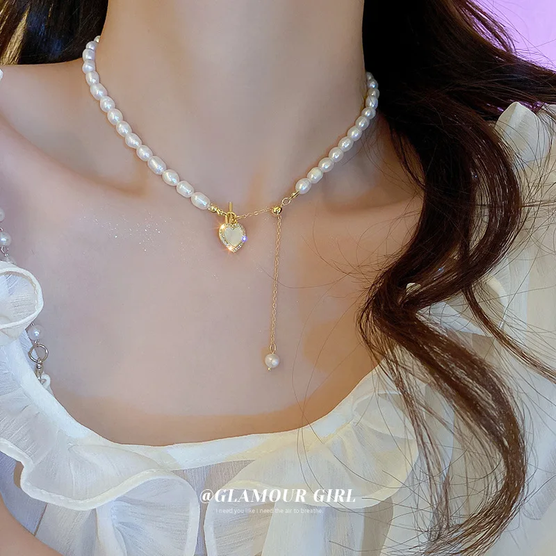 

Minar Textured Genuine Freshwater Pearl Choker Necklace for Women Sparkly CZ Zircon White Shell Heart Pendant Necklaces Jewelry