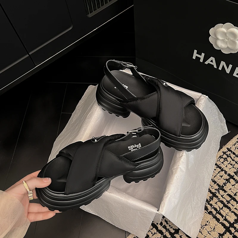 Rock Chunky Cross Strap Thick Sole Women Shoes Summer 2023 Punk Gothic Light Sole Platform Flats Slingback Luxury Women Sandals