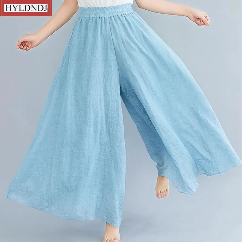 Korean Solid Cotton Linen Pants Women High Waist Casual Loose Wide Pants Blue Gray White Beige Black Trousers