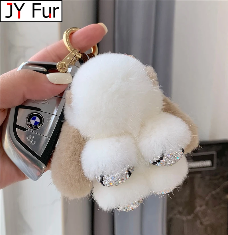 Cute Girls Fluffy Mink Fur Mini Rabbit Keychain Crystal Pom Pom Bunny Keychain On Bag Women Car Trinket Jewelry Girlfriend Gift